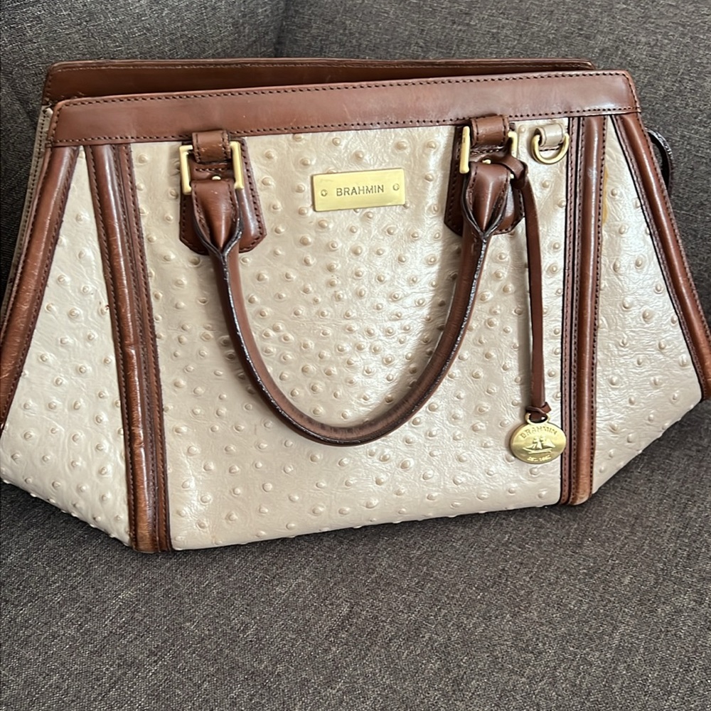 BRAHMIN Ostrich Arden in Champagne and Brown/RARE